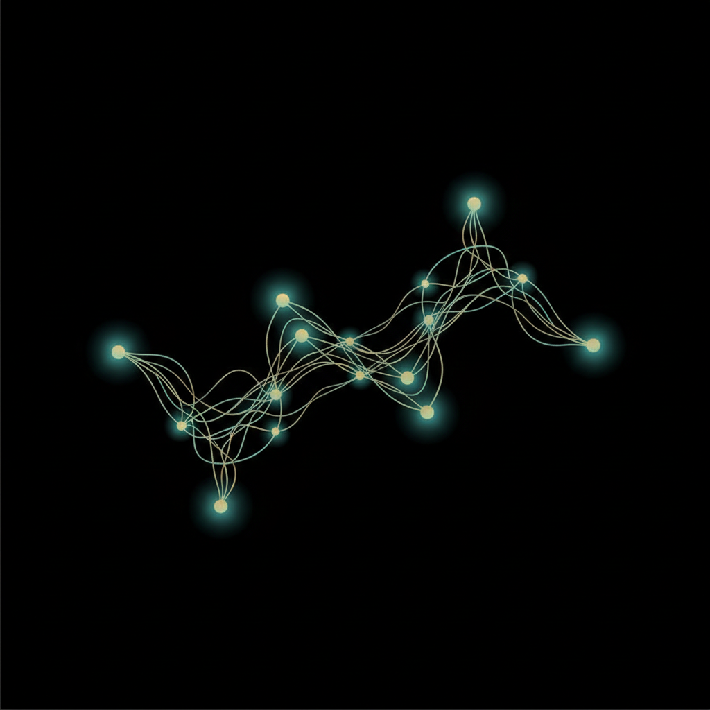 Abstract visualization of AI neural networks and language processing with glowing blue nodes on dark background